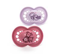 MAM Original Pure - Ciuccio per bambini dai 16 mesi in su, set da 2, in materiale sostenibile e bio-rinnovabile, tettarella in silicone SkinSoft, con custodia MAM per ciuccio, rosa/viola (i disegni