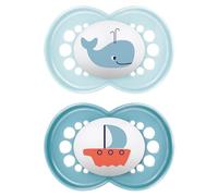 MAM Original Soothers | 18-36 Months | Pack of 2 | Comes in Dummy Steriliser Box | Sustainable Materials | Baby Accessories | Blue (Various Designs)