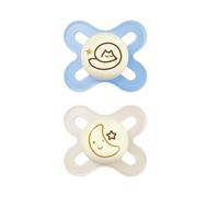MAM Original Start Night Succhietto 0-2 mesi, Set da 2 ciucci, Azzurro | Si illumina al buio, Con porta ciuccio sterilizzatore, Tettarella ortodontica in silicone SkinSoft, Senza BPA/BPS