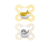 MAM Original Start Succhietto 0-2 mesi, Set da 2 ciucci, Giallo/Neutro | Con porta ciuccio sterilizzatore portatile, Tettarella ortodontica in caucciù naturale, Mascherina curva, Senza BPA/BPS