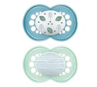 MAM Original Succhietto 16+ mesi, Set da 2 ciucci, Azzurro/Celeste | Con porta ciuccio sterilizzatore portatile, Tettarella ortodontica in silicone SkinSoft, Mascherina curva, Senza BPA/BPS