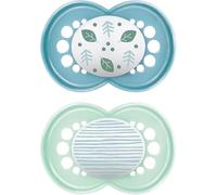 MAM Original Succhietto 16+ Mesi (Set da 2), Ciuccio MAM 16 36 mesi silicone con tettarella ortodontica, Kit da 2 accessori neonato con pratico porta ciuccio sterilizzatore, Azzurro/Verde