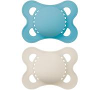 MAM Original Succhietto 2-6 Mesi (Set da 2), Ciuccio MAM 2-6 mesi con tettarella ortodontica in caucciù, Kit da 2 accessori neonato con pratico porta ciuccio sterilizzatore, Azzurro/Neutro