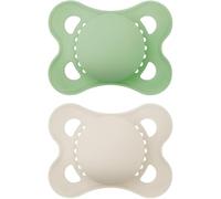 MAM Original Succhietto 2-6 Mesi (Set da 2), Ciuccio MAM 2-6 mesi con tettarella ortodontica in caucciù, Kit da 2 accessori neonato con pratico porta ciuccio sterilizzatore, Verde/Neutro