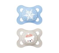 MAM Original Winter Limited Edition Succhietto 2-6 Mesi (Set da 2), Ciuccio MAM 2-6 mesi a tema invernale e natalizio, Regalo neonato con tettarella in silicone e porta ciuccio sterilizzatore, Azzurro