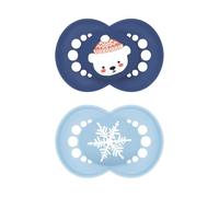 MAM Original Winter Limited Edition Succhietto 6+ Mesi (Set da 2), Ciuccio MAM 6-16 mesi a tema invernale e natalizio, Regalo neonato con tettarella in silicone e porta ciuccio sterilizzatore, Azzurro