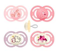MAM Perfect Day & Night Ciuccio 16+ M (confezione da 4) con scatola per il trasporto e la sterilizzazione, ciuccio per bambini a partire dai 16 mesi, tettarella in silicone MAM SkinSoft, 4 pezzi, rosa
