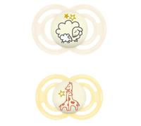 MAM Perfect Night Confezione Doppia Succhietto 16+ Mesi (Set da 2), Ciuccio MAM 16 36 mesi silicone che si illumina al buio, 2 accessori neonato per lo sviluppo orale con porta ciuccio, Giallo/Neutro