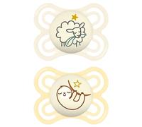 MAM Perfect Night Confezione Doppia Succhietto 2-6 Mesi (Set da 2), Ciuccio MAM 2-6 mesi che si illumina al buio, Kit da 2 accessori neonato per lo sviluppo orale con porta ciuccio, Giallo/Neutro