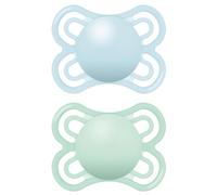 MAM Perfect Soothers | 2-6 Months | 2 Pack | Newborn Dummies | Comes in Dummy Steriliser Case | Sustainable Materials | Baby Accessories for Newborn | Blue (Various Designs)