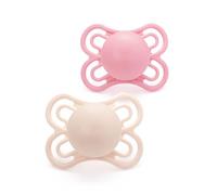 MAM Perfect Soothers | 2-6 Months | 2 Pack | Newborn Dummies | Comes in Dummy Steriliser Case | Sustainable Materials | Baby Accessories for Newborn | Pink (Various Designs)