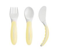 MAM Set di posate per imparare a mangiare composto da coltello, forchetta e cucchiaio, 3 pezzi di posate con manici antiscivolo, posate sicure per bambini per mancini e destrimani, a partire dai 6