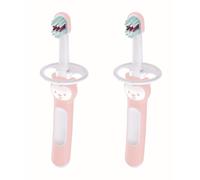 MAM Set di spazzolini da denti per bambini, manico compatto, ergonomico e antiscivolo, per primi denti, con protezione di sicurezza, testina molto piccola e setole extra morbide, rosa, confezione da 2