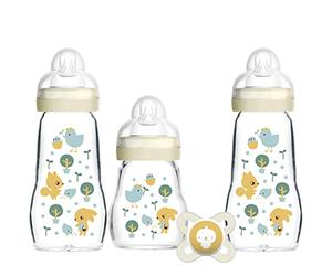 MAM Set iniziale di biberon e succhietto in vetro, 4 pezzi, 2 biberon da 170 ml e 1 da 260 ml, 1 succhietto da 0 mesi, accessori perfetti per neonati