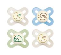 MAM Skin Soft Silicone Ciuccio START NIGHT extra piccolo 0-2 Mo. Brillante UNISEX, specifico per neonati e prematuri, confezione da 4 pezzi, con 2 scatole per sterilizzazione e trasporto