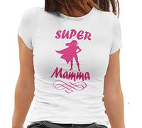 MAM0011 T-Shirt Maglietta Donna Super Mamma 3 Idea Regalo Festa della Mamma (L, Bianco)