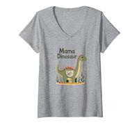 Mama Dinosaur: Carino Preistorico Mamma Amore Maglietta con Collo a V, Donna, Grigio Melange, L