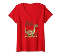Mama Dinosaur: Carino Preistorico Mamma Amore Maglietta con Collo a V, Donna, Rosso, L