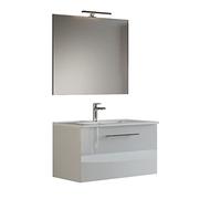 MaMa Store GEA1 60 - Mobile Bagno Sospeso 60 CM monocassettone Bianco Lucido Laccato con Lavabo, Specchio e Lampada LED, L.62 X P.46 X H.45 cm