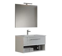 Mama Store GEA2 80 - Mobile Bagno Sospeso 80 CM Cassetto e Vano a Giorno Bianco Lucido Laccato con Lavabo, Specchio e Lampada LED, L.81 X P.45 X H.46 cm