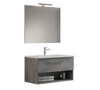 Mama Store GEA2 80 - Mobile Bagno Sospeso 80 CM Cassetto e Vano a Giorno Grigio Cemento con Lavabo, Specchio e Lampada LED, L.81 X P.45 X H.46 cm