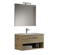 Mama Store GEA2 80 - Mobile Bagno Sospeso 80 CM Cassetto e Vano a Giorno Quercia Naturale con Lavabo, Specchio e Lampada LED, L.81 X P.45 X H.46 cm