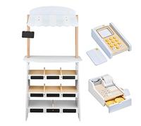 mamabrum Banco del Commerciante in Legno - Giochi per Bambini con Registratore di Cassa e Lavagna 48x22,5x99 cm - Giochi Bambini Educativi con Frutta, Verdura e Accessori