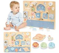 mamabrum Busy Board - Pannello Sensoriale Bambini Montessori in MDF 40 x 30 x 4 cm - Tema Spazio con Ruote, Pulsanti e Labirinto - Giocattolo Educativo per Bambini 18+ Mesi