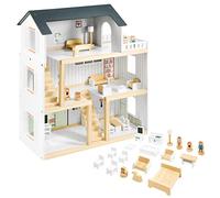 Mamabrum Casa delle Bambole in Legno 70 x 30 x 60 cm Mamabrum - Grande Casetta Giocattolo su 3 Piani con Terrazza, 4 Bambole e 18 Mobili - Sicura, Educativa e Perfetta per Bambini dai 3 Anni