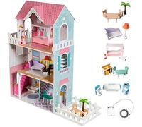 Mamabrum Casa delle Bambole in Legno XXL - Grande Casa Bambole con 3 Piani, LED, Giardino e Accessori - Casa delle Barbie in Legno con Mobili - Giocattolo Educativo per Bambine 3+ Anni
