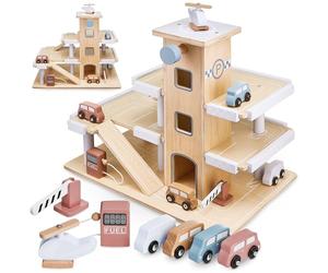 Mamabrum Garage in Legno, Garage Macchine per Bambini, Multipiano con Rampa e Ascensore, Set con Veicoli ed Elicottero e Stazione Carburante, Struttura compatta 44,5×29,5×37 cm per Uso quotidiano