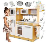 Mamabrum Cucina Giocattolo per Bambini in Legno con Luci LED - Cucina Educativa con Forno, Microonde e Accessori - Set da Gioco con Piano Cottura, Frigorifero e Utensili - 93x30x82cm - Naturale