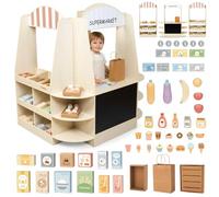 Mamabrum Grande Negozio di Legno per Bambini - 91 Pezzi per Gioco di Shopping con Lavagna, Frutta Verdura Cassa Accessori Educativi Divertimento 3+