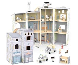 Mamabrum Grande Set Vigili del Fuoco e Polizia in Legno - Include 4 Personaggi: Agente di Polizia, Criminale, Vigile del Fuoco, e Cane Elicottero - Camion dei Pompieri e Auto della Polizia