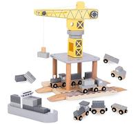 Mamabrum, Gru Portuale Mobile in Legno con Verricello Magnetico e Accessori - Camion, Rimorchio e Carro Giocattolo per Bambini