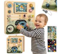 Mamabrum Montessori Space Board in legno 2 in 1 - Cabina di guida e telecomando, 8 tavole, manubrio, ingranaggi, radar, lavagna educativa 45 x 45 cm per bambini 18 m +