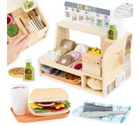 mamabrum Paninoteca Giocattolo in Legno per Bambini, Banco Fast Food con Cibo e Accessori, Gioco di Ruolo Ristorante, Panini e Cucina Giocattolo, 3 Anni