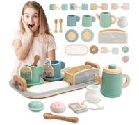 Mamabrum Set Da Tè Grande in Legno - 18 Pezzi con Vassoio Tazze Vari Gusti di Tè - Materiale Sicuro Pastello - Gioco Educativo e Divertente dai 3 Anni