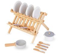Mamabrum Set di Accessori da Cucina in Legno per Bambini - Asciugatrice Pieghevole, Pentole, Coperchi, Piatti, Spatola, Cucchiai e Coltelli per Giocattoli da Cucina
