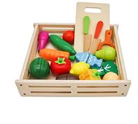 Mamabrum Set di Verdure da Taglio in Legno con Contenitore, Cesto di Frutta e Verdura, Giocattolo Educativo per Bambini, Accessori da Cucina Colorati