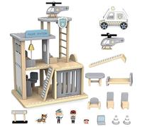 Mamabrum Stazione di Polizia in Legno con Accessori - Postazione di Polizia Completa, Macchina e Elicottero, Cane Poliziotto, Cattivo, Barriera della Polizia, Giocattolo per Bambini