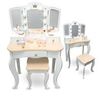 mamabrum Tavolo da Toeletta per Bambini XXL in Legno con Sgabello & Specchio LED - Coiffeuse con Cassetto e Accessori - Scrivania 2-in-1 per Bambine dai 3 Anni