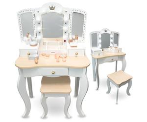 mamabrum Tavolo da Toeletta per Bambini XXL in Legno con Sgabello & Specchio LED - Coiffeuse con Cassetto e Accessori - Scrivania 2-in-1 per Bambine dai 3 Anni