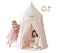 Mamabrum Tenda con cerniera per bambini con tappetino e luci a LED 155 cm | Tenda con cerniera rosa, altezza 3 + 155 cm con tappetino trapuntato Ø113 cm, finestrelle, luci LED da 4 m e borsa per il