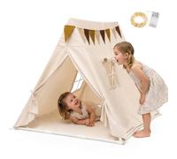 Mamabrum tenda per bambini a forma di tipi, telaio in pino e luci LED | casetta per bambini, tenda da gioco, tappetino 109 x 89 cm, 2 ingressi, finestra, bandierine 1,5 m, batterie AA non incluse