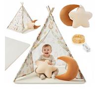 Mamabrum Tenda per bambini interna beige foresta con tappeto imbottito, cuscini decorativi e ghirlanda LED, capanna da gioco camera da letto da 3 anni