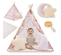 Mamabrum Tenda per bambini interna rosa con tappeto imbottito, cuscini e ghirlanda LED, capanna di gioco decorativa per camera da letto da 3 anni