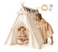 Mamabrum Tenda Tipi per Bambini con Tappetino e Ghirlanda LED 3+ | Tipi 3+ 110 × 90 × 120 cm con struttura in pino, tappetino, finestra, ghirlanda LED da 4 m e gagliardetto.