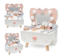 mamabrum Toeletta Bambina in Legno con Specchio LED - Mini Toeletta con Cassetto & Accessori - Tavolo Trucco Giocattolo per Ragazze dai 3 Anni - Gioco Creativo ed Educativo