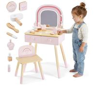 mamabrum Toeletta In Legno Per Bambini Con Specchio LED, Luce Regolabile, Sgabello E Accessori - Arredo Educativo E Creativo Ideale Per La Cameretta E Il Gioco Di Ruolo